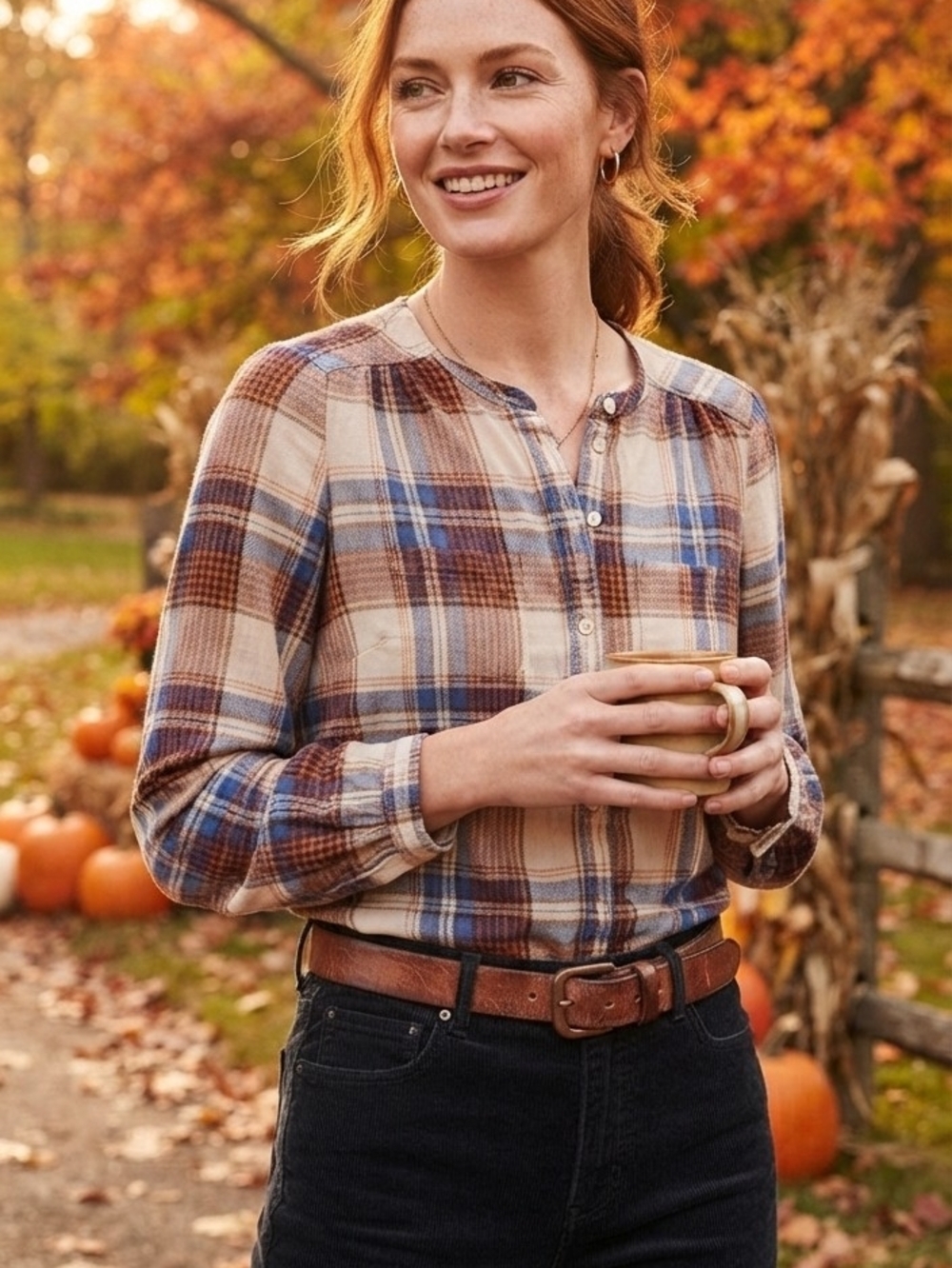 Joie Plaid Silk Henley Blouse in Cream, Brown & Blue